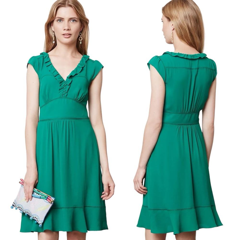 Anthropologie Maeve Ruffled Della Dress in Emerald Green